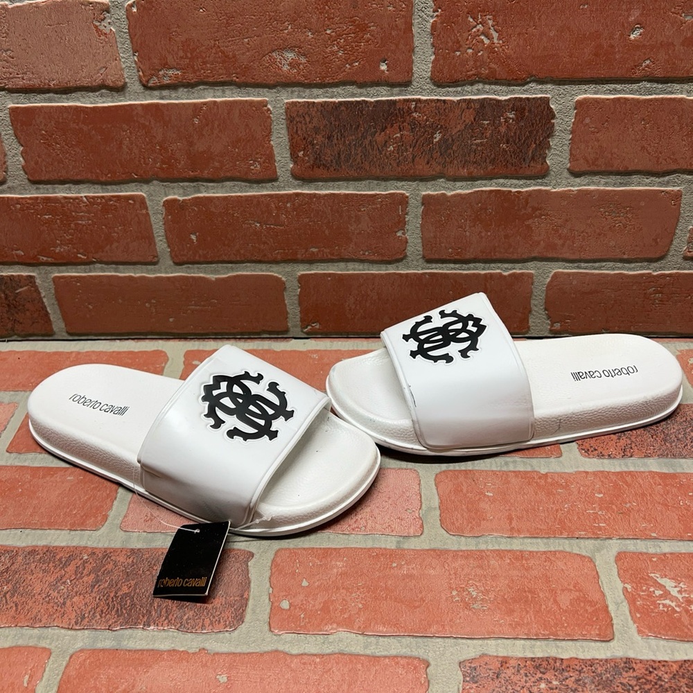 Roberto Cavalli White/Black Logo Pool Slide Sandals Men’s Size US 8/EU 40